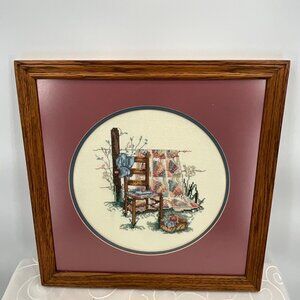 Framed Cross-Stitch Art With Wooden Chair & Quilt Scene In Oak Frame